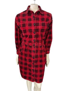 VTG 90s FADS Tartan Plaid Button Front Corduroy Shirt Dress in Red & Black  SZ M